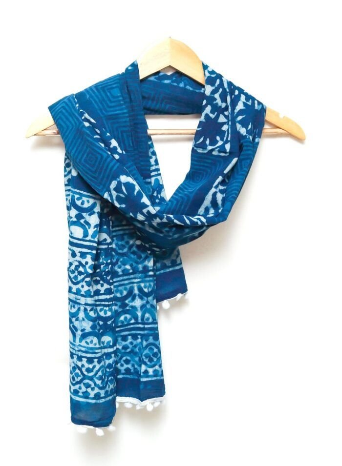OJARIYA Blue Dye Block Printed Organic Muslin Cotton Scarf Hijab - Tradedubai.ae Wholesale B2B Market