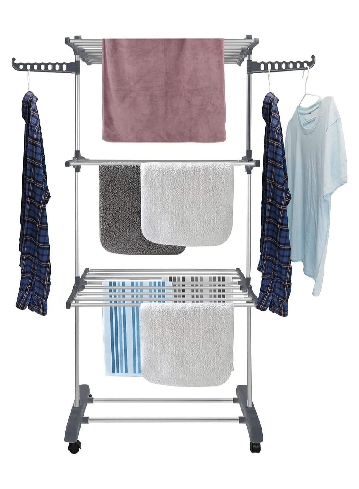 06fc06c6-1544-4d85-9ef7-97b0ed804471.jpg Generic Clothes Drying Rack Folding Clothes Rail 3 Tier Clothes Horses Rack Stainless Steel Laundry Garment Dryer Stand with Two Side Wings - Image 1