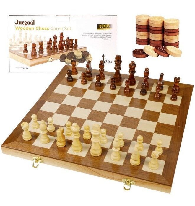 Juegoal 15" Wooden Chess and Checkers Set 2 In 1 Board Games For Kids And Adults With Felted Game Board Interior For Storage Travel Portable Folding Chess Game Sets Extra 24 Wooden Checkers Pieces - Trade Dubai Game Wholesaler - Dubai Toys Wholesaler - Dubai Game Wholesaler