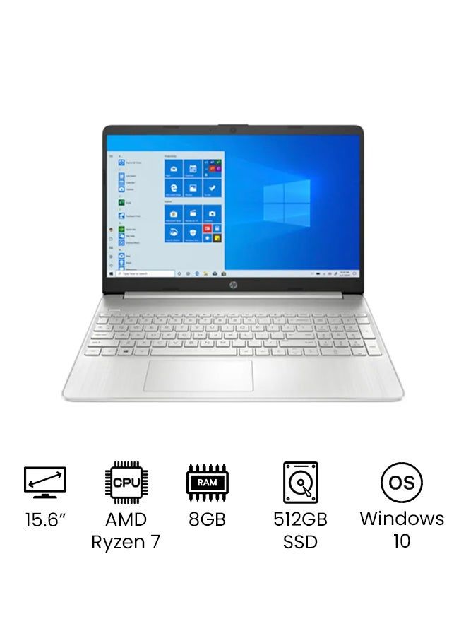 N47684919A_1.jpg HP 15S-EQ2000NE Laptop With 15.6 Inches FHD Display, AMD Ryzen 7-5700 Processor/8GB RAM/512GB SSD/AMD Radeon Graphics/Windows 10/International Version English/Arabic Silver - Image 1