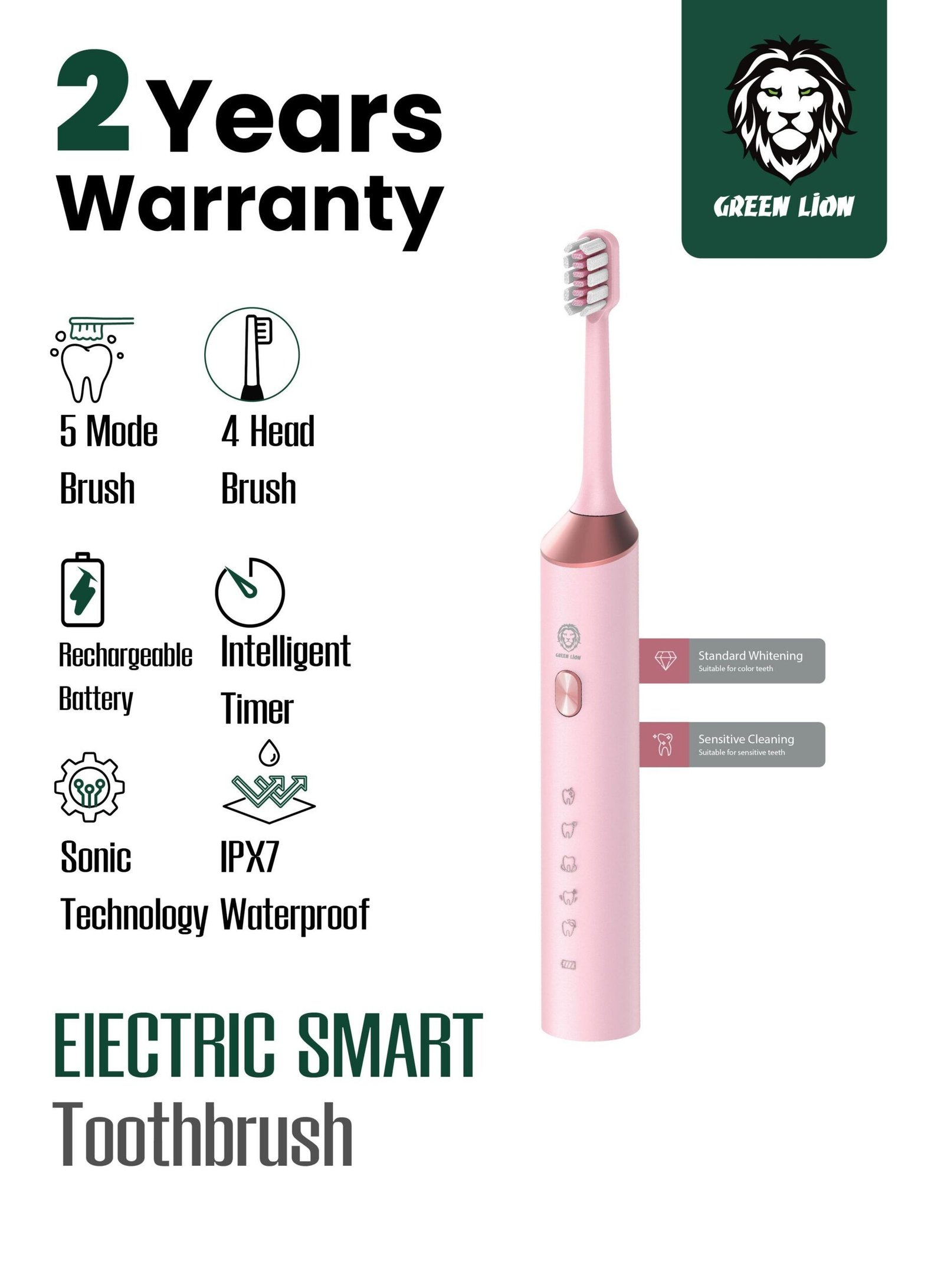 a04d6f19-a86f-477f-876e-ab5495c6849b.jpg GREEN LION Electric Toothbrush with 5 Modes & 4 Brush Heads, Suitable For Sensitive & Color Teeth, Standard Whitening, Intelligent Timing, Slim Design, IPX7 Waterproof - Pink - Image 1