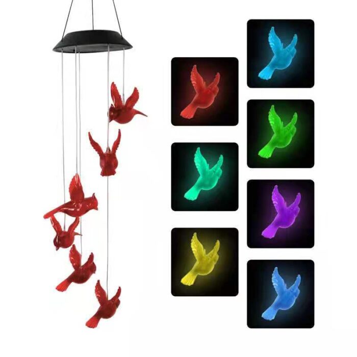 Cross-border new outdoor colorful solar bee butterfly hummingbird hollow diamond flame bird red bird wind chime light bell1