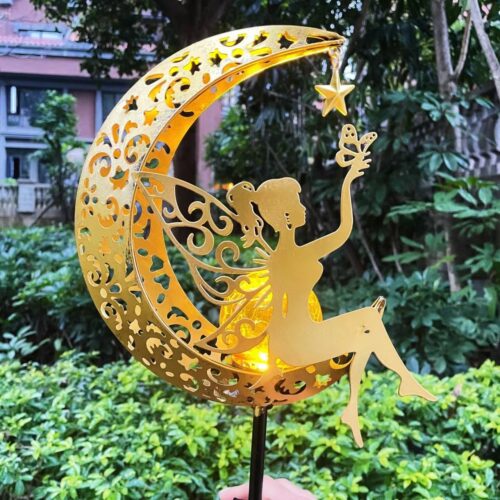 Popular Amazon Solar Garden Moon Fairy Lamp Outdoor Garden Decoration Iron Ground Plug Lamp Fairy Angel