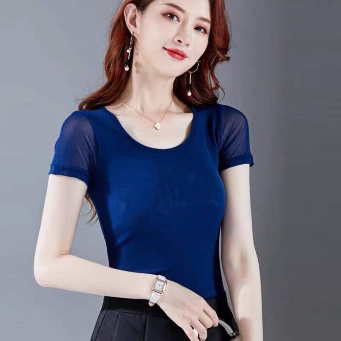 new summer round neck black double-layer mesh short-sleeved T-shirts versatile slimming fashionable and versatile gauze clothes3 - Tradedubai.ae Wholesale B2B Market