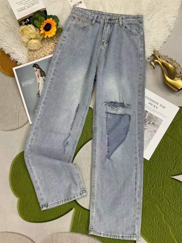 2024 national trend new washed cotton ripped high-waisted straight-leg wide-leg denim floor-sweeping pants - Tradedubai.ae Wholesale B2B Market