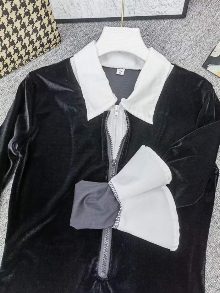 Black velvet long-sleeved fake two-piece PoLo collar shirt dress - Tradedubai.ae Wholesale B2B Market