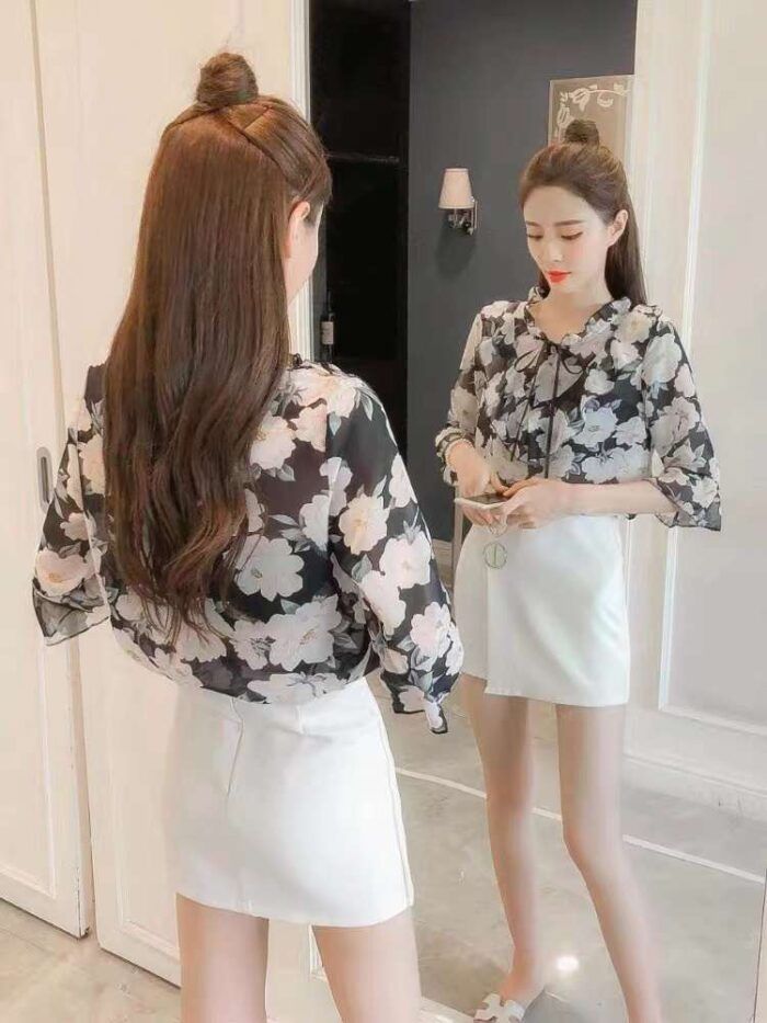 Chiffon top two-piece set floral bow bell sleeves matching tube top - Tradedubai.ae Wholesale B2B Market