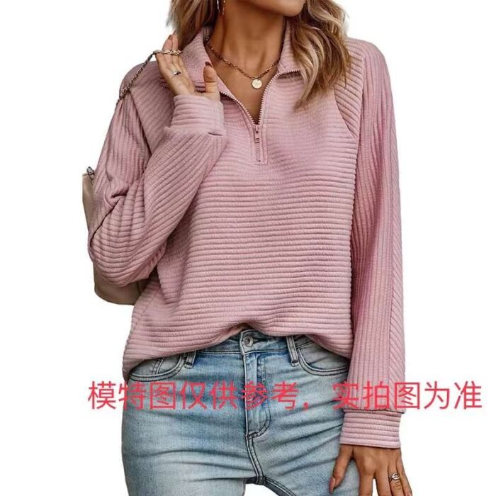 Factory Wholesale Ready Made Garments Stock Clearance-American style stand-collar zippered casual and versatile cotton long-sleeved tops 3 - Tradedubai.ae Wholesale B2B Market