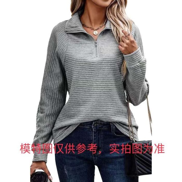 Factory Wholesale Ready Made Garments Stock Clearance-American style stand-collar zippered casual and versatile cotton long-sleeved tops 5 - Tradedubai.ae Wholesale B2B Market