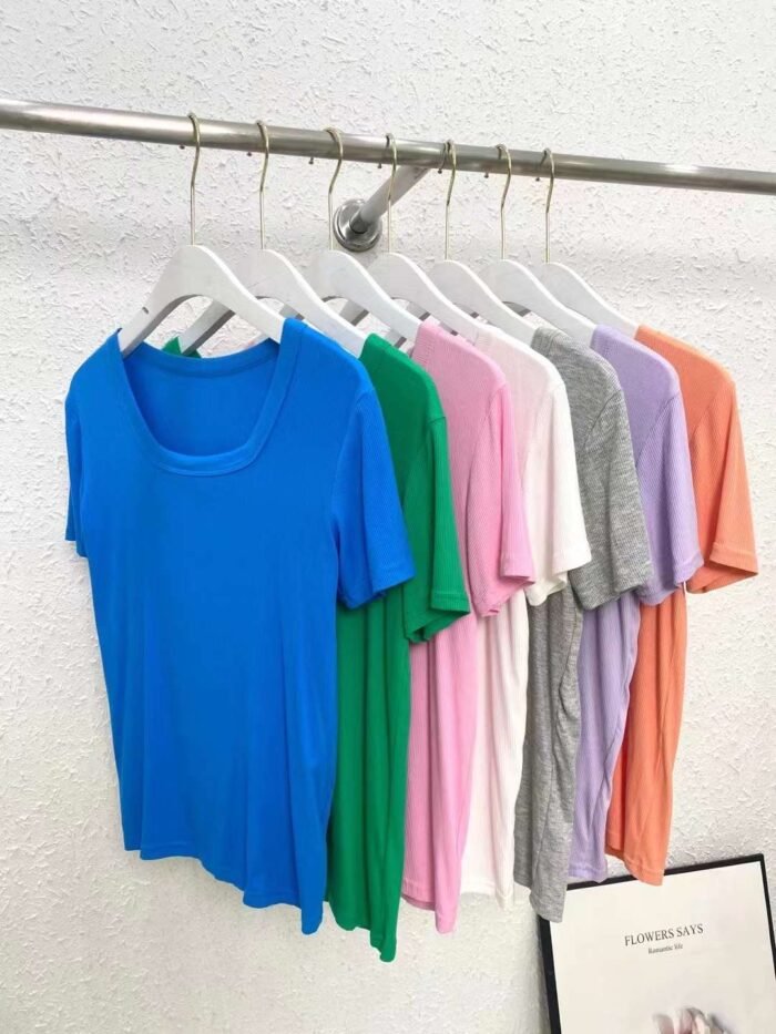 Factory Wholesale Ready Made Garments Stock Clearance-Hot Girl Macaron Ribbed Cotton Elastic Short Sleeves 8 - Tradedubai.ae Wholesale B2B Market