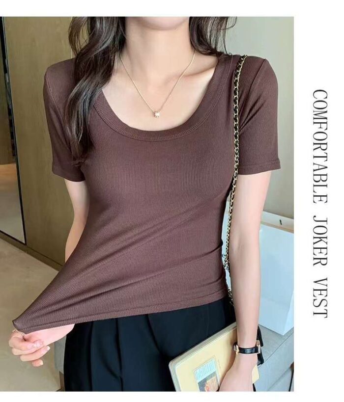 Factory Wholesale Ready Made Garments Stock Clearance-Internet celebrity style threaded round neck T-shirts for pretty girls breathable comfortable slim fit and versatile tops 5 - Tradedubai.ae Wholesale B2B Market
