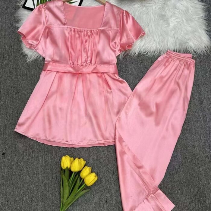 Factory Wholesale Ready Made Garments Stock Clearance-Real silk strap waist-cinching home summer pajamas high-end silky comfortable breathable and skin-friendly pajamas set - Tradedubai.ae Wholesale B2B Market