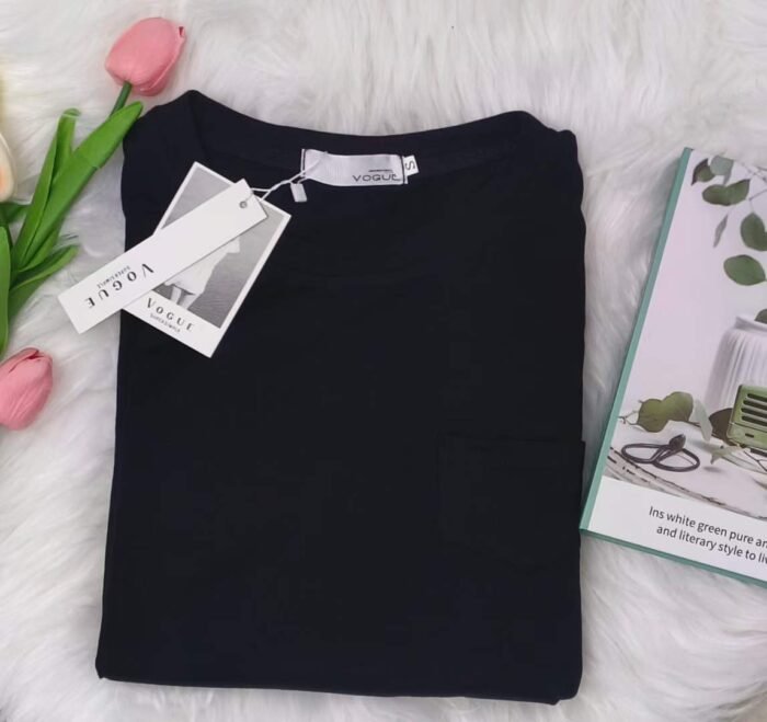 Factory Wholesale Ready Made Garments Stock Clearance-Simple design womens round neck T-shirt with shoulder pads and puff sleeves loose fit pure cotton fabric back collar strip 1 - Tradedubai.ae Wholesale B2B Market