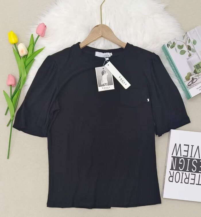 Factory Wholesale Ready Made Garments Stock Clearance-Simple design womens round neck T-shirt with shoulder pads and puff sleeves loose fit pure cotton fabric back collar strip - Tradedubai.ae Wholesale B2B Market