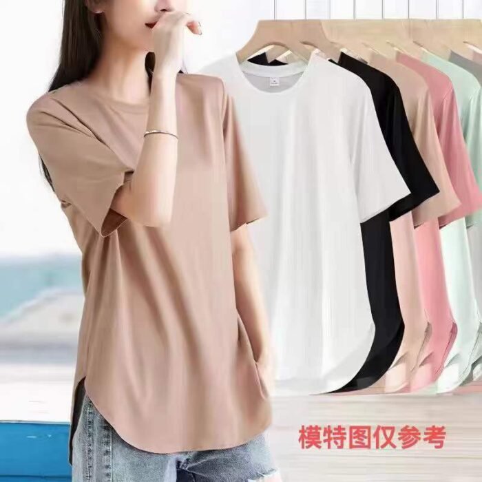 Factory Wholesale Ready Made Garments Stock Clearance-Summer new casual simple hem curved solid color loose T-shirt - Tradedubai.ae Wholesale B2B Market