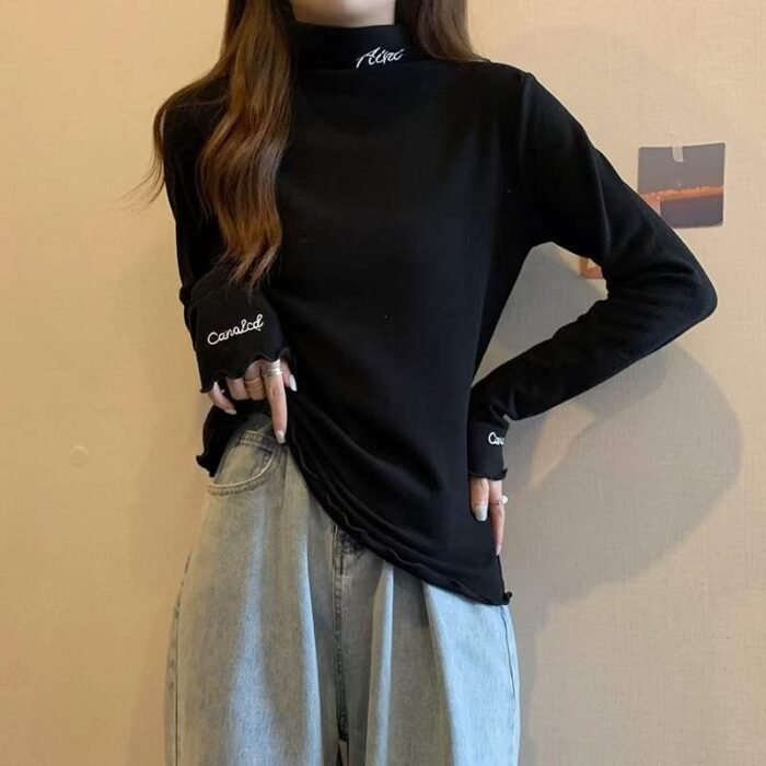 Factory Wholesale Ready Made Garments Stock Clearance-half-high collar embroidered double-sided German velvet bottoming shirt soft fabric - Tradedubai.ae Wholesale B2B Market