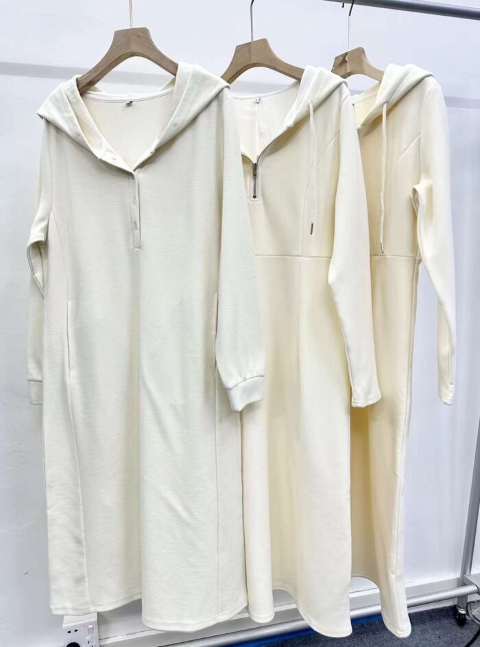 Factory Wholesale Ready Made Garments Stock Clearance- white hooded A-line sweatshirt dresses - Tradedubai.ae Wholesale B2B Market