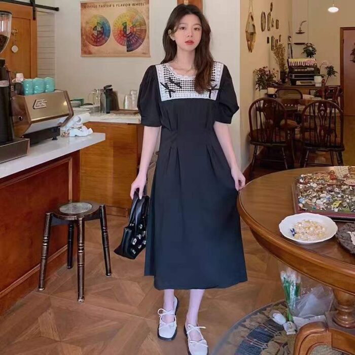 French retro sweet lace stitching bow dress womens new summer black waist slimming long skirt - Tradedubai.ae Wholesale B2B Market