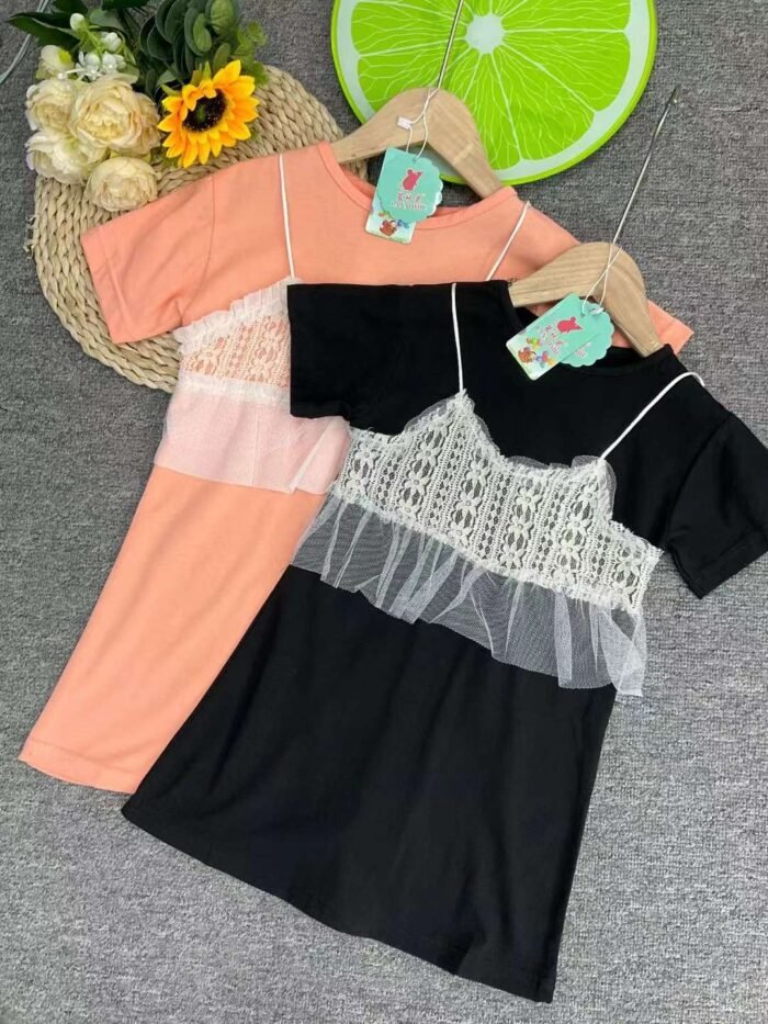 Girls summer dress Korean style short-sleeved fake two-piece suspender cotton T-shirt dress - Tradedubai.ae Wholesale B2B Market