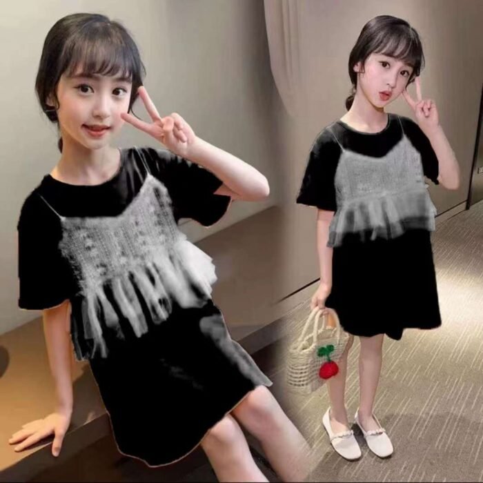 Girls summer dress Korean style short-sleeved fake two-piece suspender cotton T-shirt dress1 - Tradedubai.ae Wholesale B2B Market