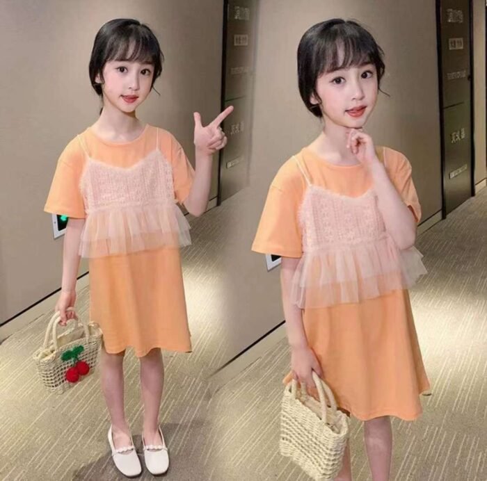 Girls summer dress Korean style short-sleeved fake two-piece suspender cotton T-shirt dress1 - Tradedubai.ae Wholesale B2B Market
