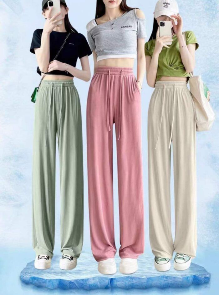 High-quality brand womens summer thin high-waisted and slimming ice silk straight-leg floor mopping pants