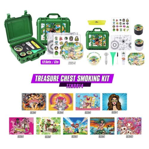 INVENTORY Wholesale Portable Smoking Accessories 10-in-1 Kit Joint Cone WEED Treasure Chest Smoking Set Glass Pipe with Sticker