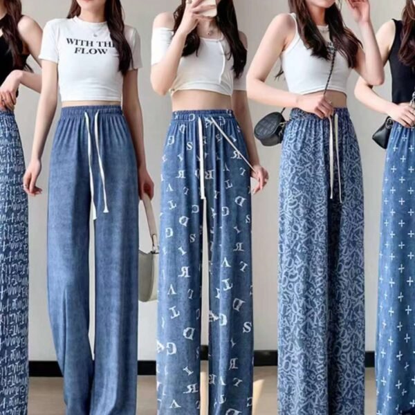 Ice silk imitation denim wide-leg pants loose straight high-waist stretch wide-leg pants - Tradedubai.ae Wholesale B2B Market