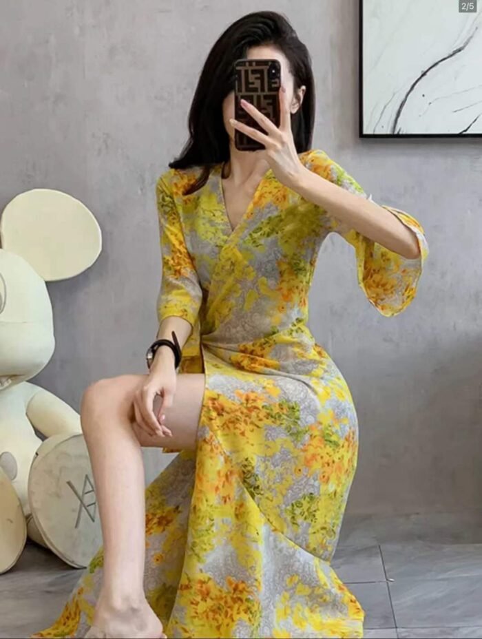 Internet celebritys popular gold jersey chiffon floral French style wrap holiday mid-length skirt for women - Tradedubai.ae Wholesale B2B Market