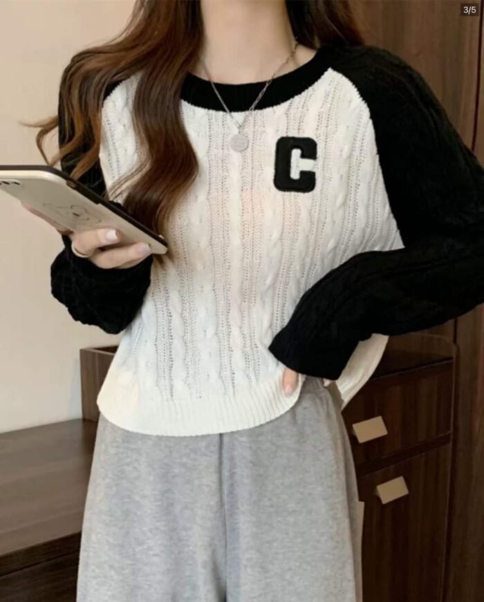 Korean version spring letter embroidered round neck loose and versatile contrasting color twist short knitted sweater - Tradedubai.ae Wholesale B2B Market