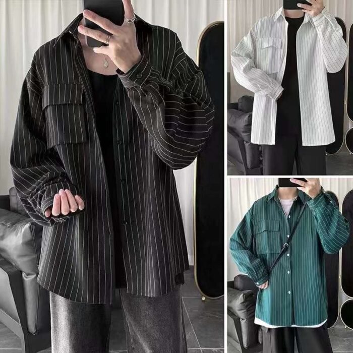 Mens Hong Kong-style Japanese striped casual loose-fitting long-sleeved shirt - Tradedubai.ae Wholesale B2B Market