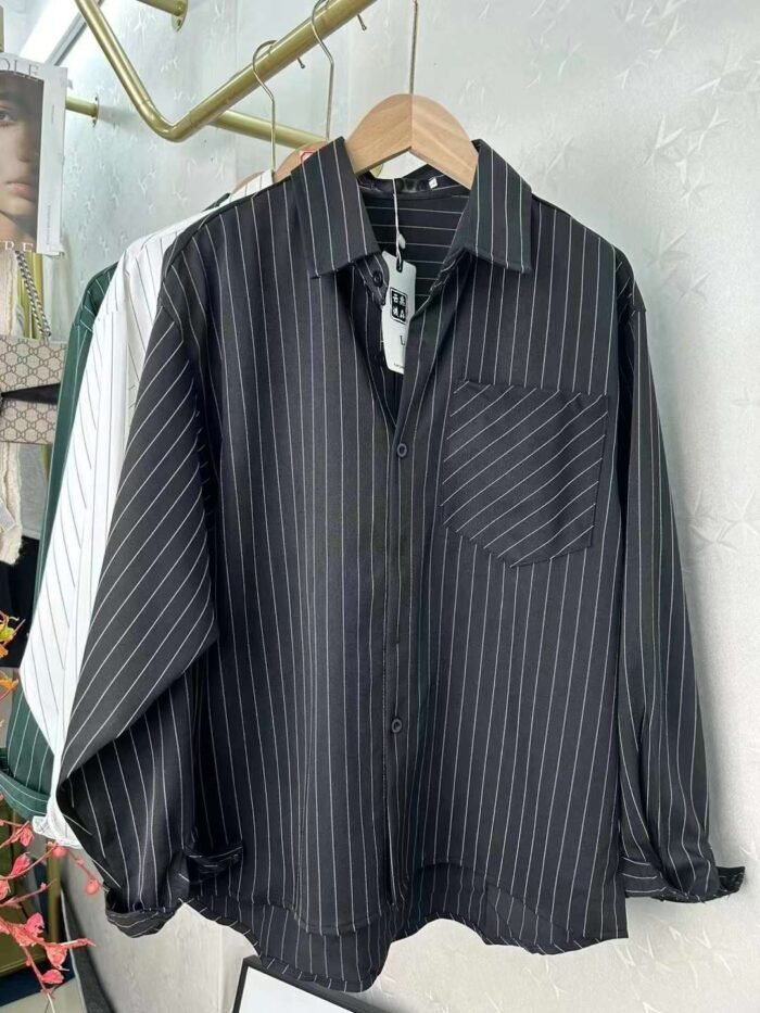 Mens Hong Kong-style Japanese striped casual loose-fitting long-sleeved shirt - Tradedubai.ae Wholesale B2B Market
