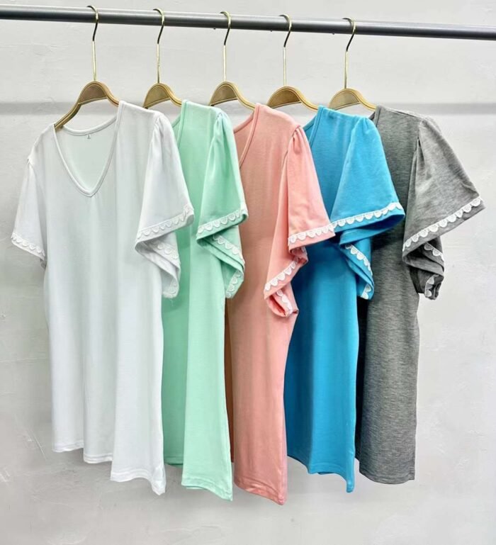 New summer solid color ruffled sleeve V-neck T-shirts - Tradedubai.ae Wholesale B2B Market