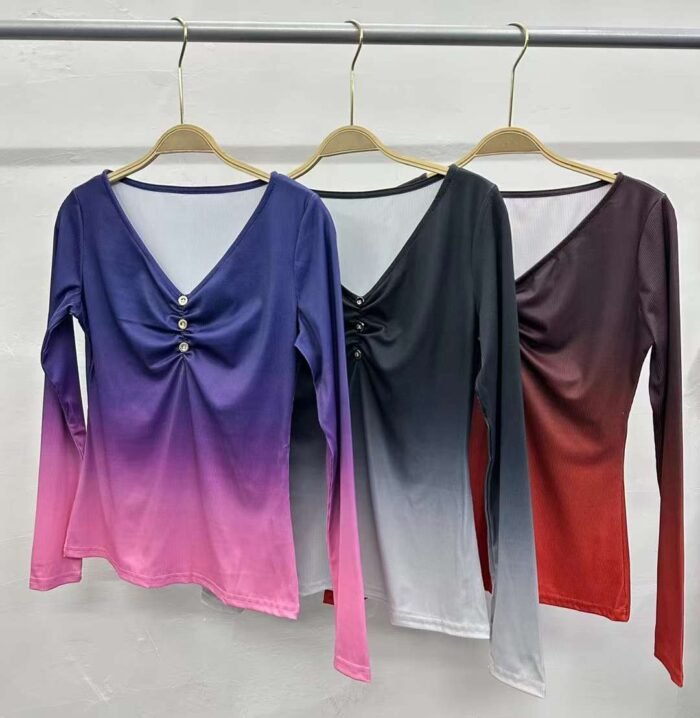 Pitted gradient color chest button V-neck slim long-sleeved tops - Tradedubai.ae Wholesale B2B Market