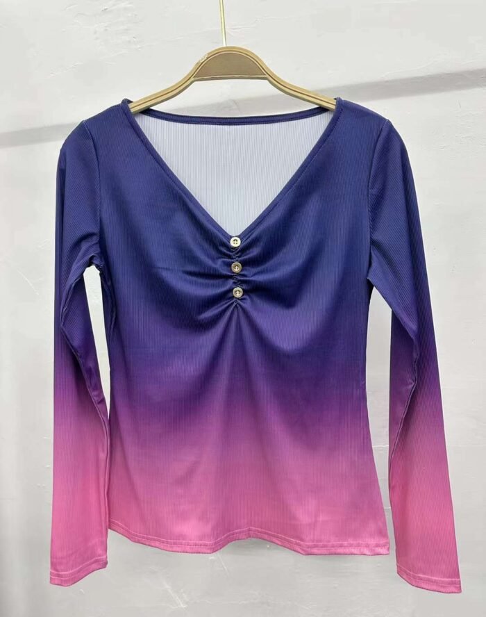 Pitted gradient color chest button V-neck slim long-sleeved tops1 - Tradedubai.ae Wholesale B2B Market