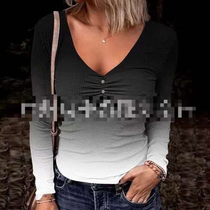 Pitted gradient color chest button V-neck slim long-sleeved tops3 - Tradedubai.ae Wholesale B2B Market