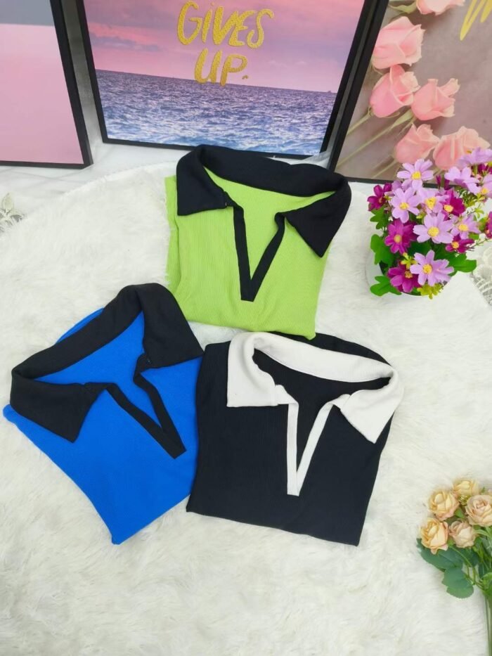 Short polo collar right shoulder short-sleeved T-shirt for women summer slim fit hot girl design2