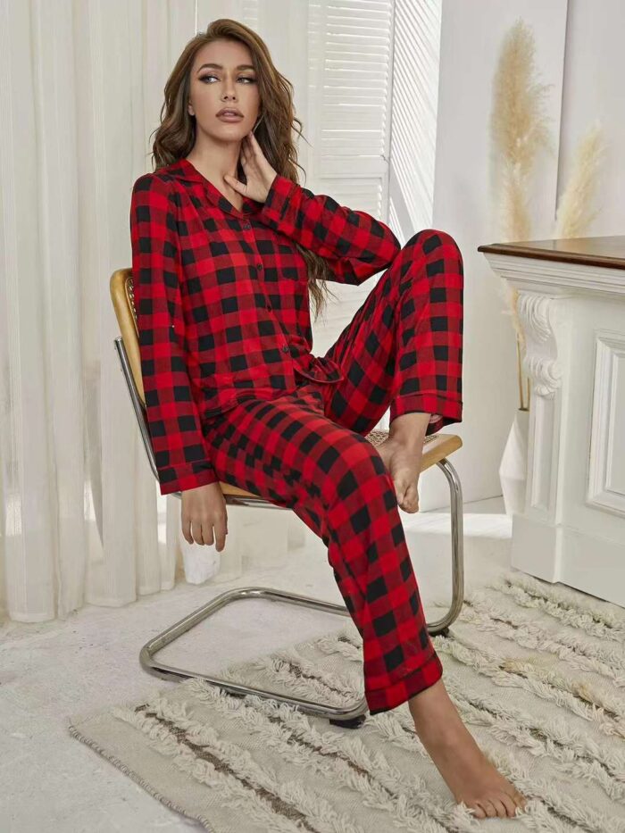 Single pajamas tops printed plaid buttoned loose long-sleeved pajamas - Tradedubai.ae Wholesale B2B Market