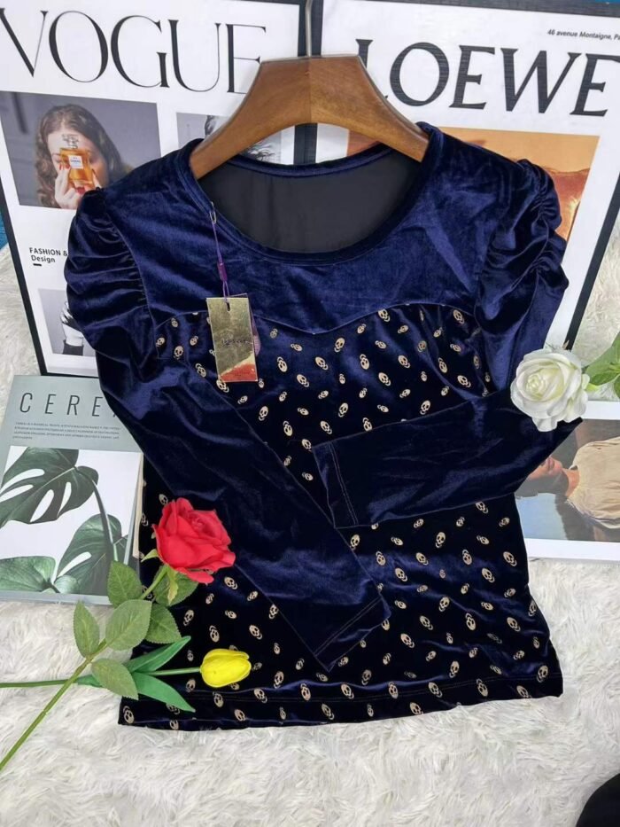 Spring and Autumn New Model Highly Recommended Beautiful Heart Polka Dot Jacquard Gold Velvet Spliced ​​Lace Fairy Bell Sleeve Bottoming - Tradedubai.ae Wholesale B2B Market