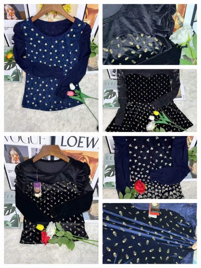 Spring and Autumn New Model Highly Recommended Beautiful Heart Polka Dot Jacquard Gold Velvet Spliced ​​Lace Fairy Bell Sleeve Bottoming - Tradedubai.ae Wholesale B2B Market