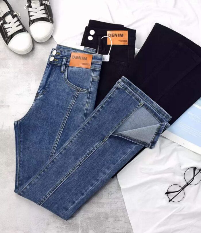 Stretch womens washed cotton denim slit micro-flare jeans 2 - Tradedubai.ae Wholesale B2B Market