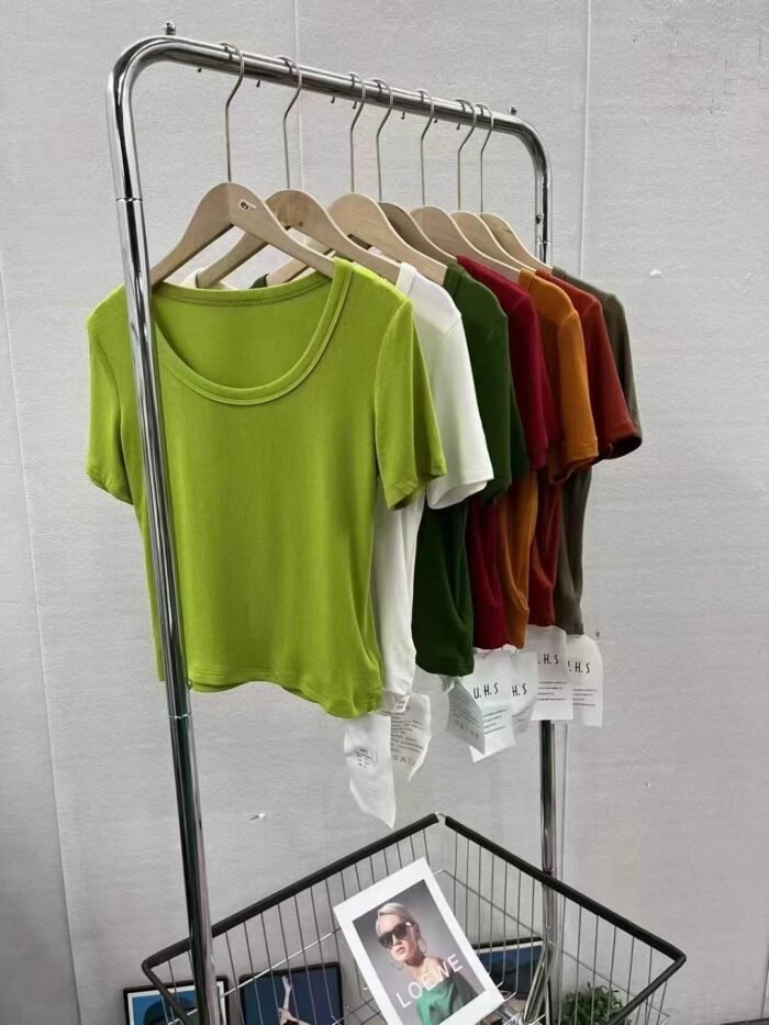Threaded U-neck short-sleeved T-shirt for women 2023 summer new round-neck slim fit shirt - Tradedubai.ae Wholesale B2B Market