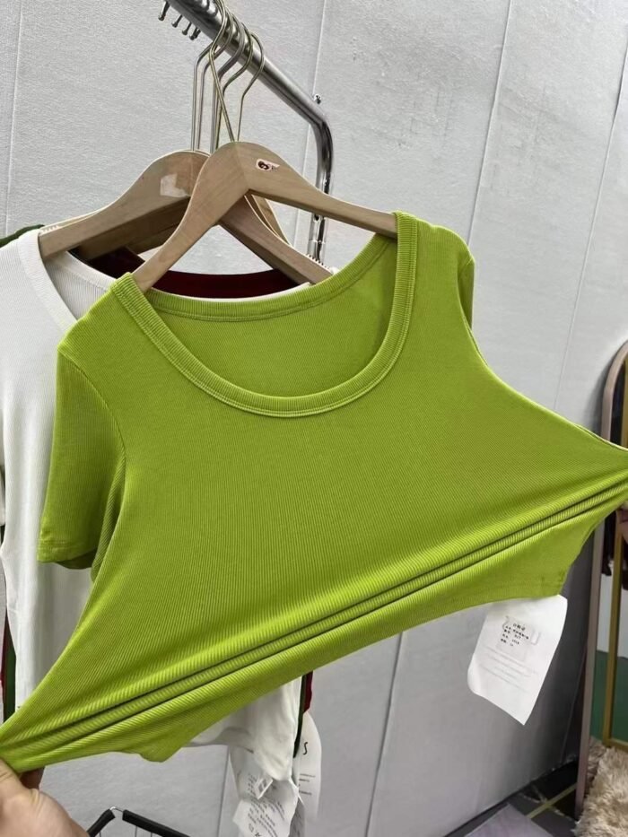 Threaded U-neck short-sleeved T-shirt for women 2023 summer new round-neck slim fit shirt - Tradedubai.ae Wholesale B2B Market