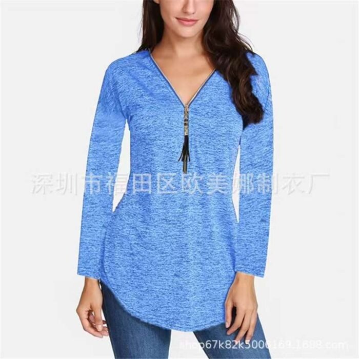 V-neck chest tassel zipper solid color long-sleeved womens T-shirt - Tradedubai.ae Wholesale B2B Market