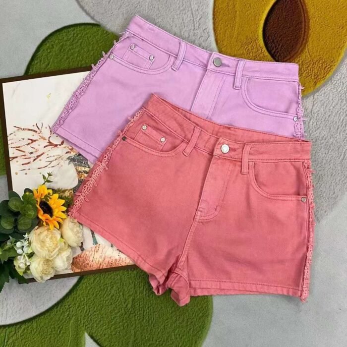 Washed cotton A-line version of high-waisted colorful denim shorts for pretty girls - Tradedubai.ae Wholesale B2B Market