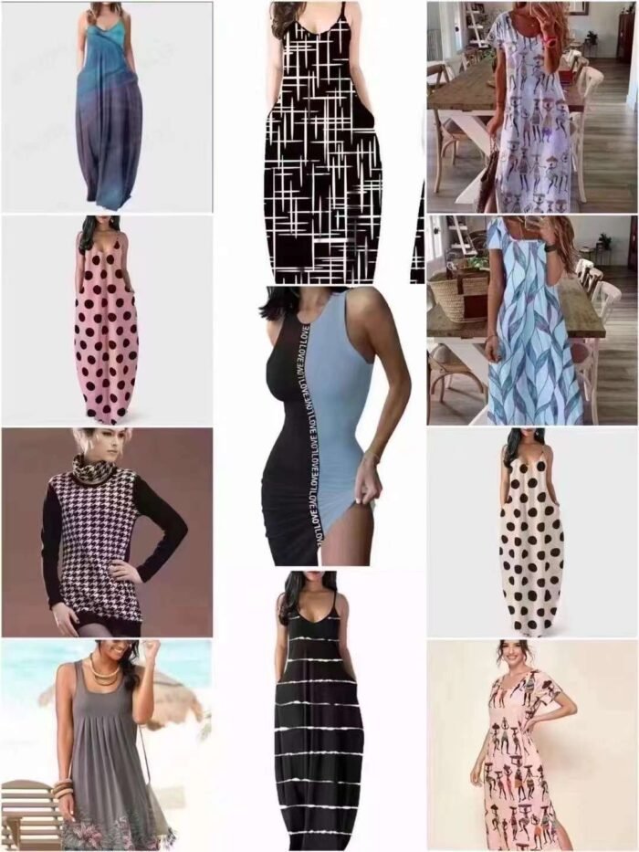 Womens Deep V Neck Polka Dot Digital Print Loose Long Dress - Tradedubai.ae Wholesale B2B Market