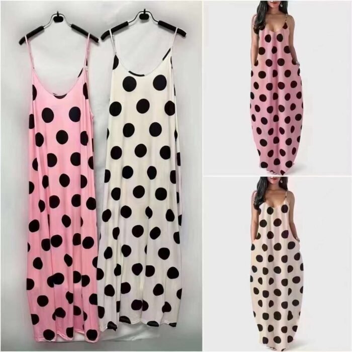 Womens Deep V Neck Polka Dot Digital Print Loose Long Dress - Tradedubai.ae Wholesale B2B Market