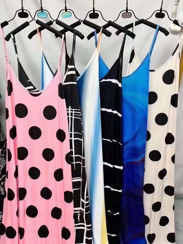 Womens Deep V Neck Polka Dot Digital Print Loose Long Dress - Tradedubai.ae Wholesale B2B Market