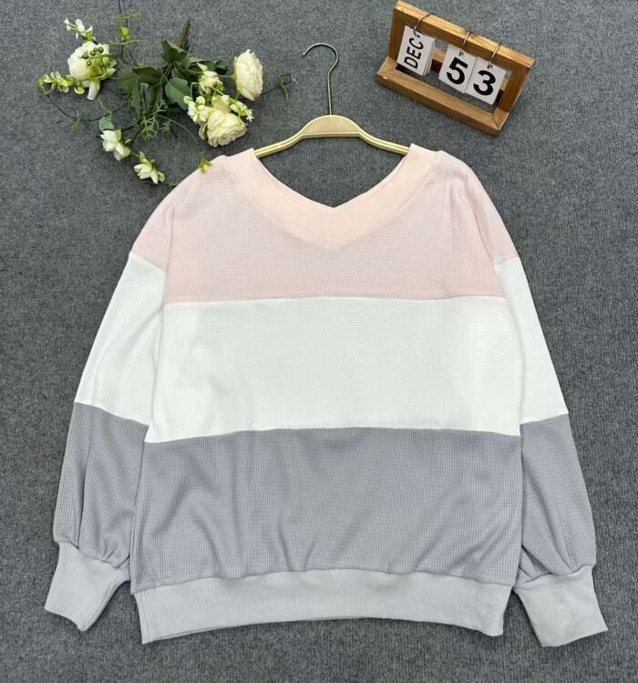 Womens V-neck waffle cotton patchwork loose sweatshirts - Tradedubai.ae Wholesale B2B Market