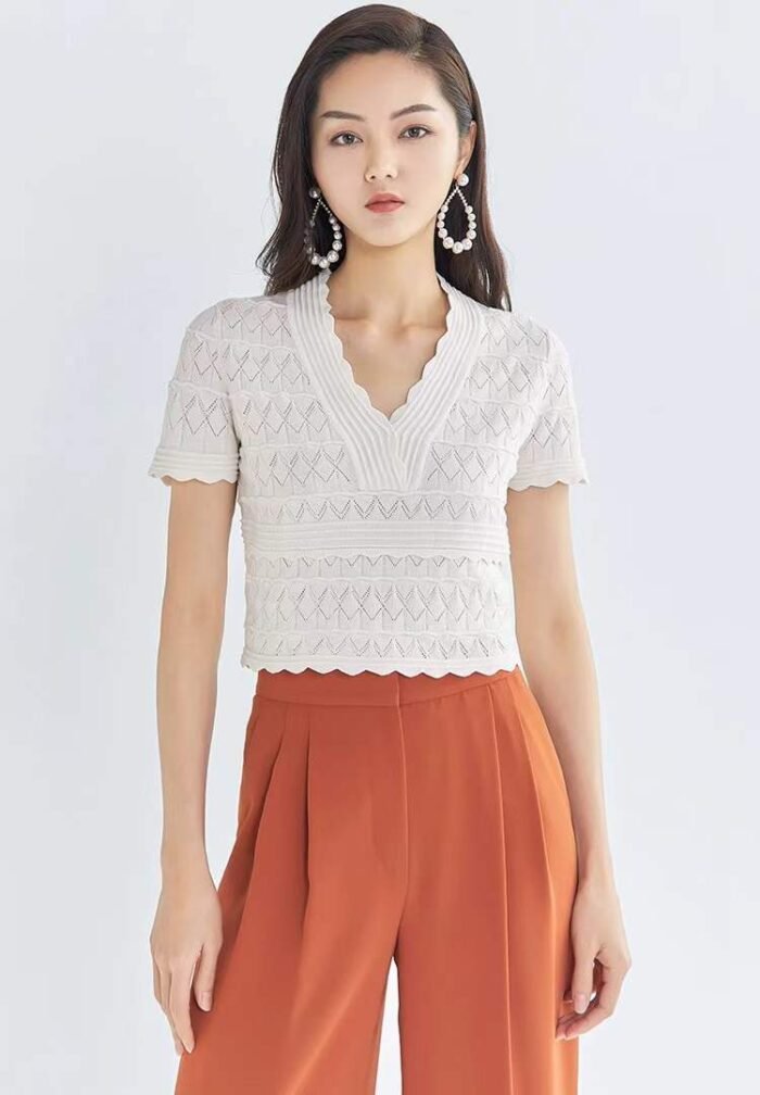 Womens hollow sweater summer new style t-shirt womens short-sleeved V-neck age-reducing top short3 - Tradedubai.ae Wholesale B2B Market